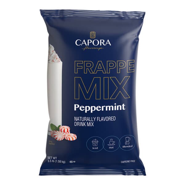 A 3.5 lb. bag of Capora Peppermint Frappe Mix for making naturally flavored peppermint drinks.