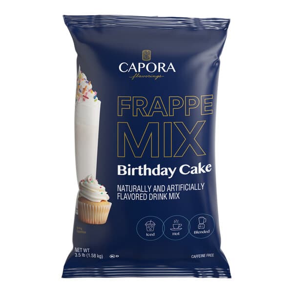 A 3.5 lb. bag of Capora Birthday Cake Frappe Mix.