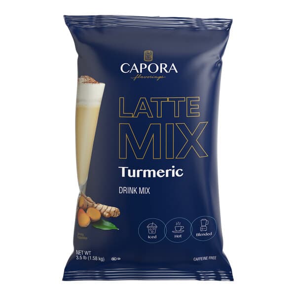A 3.5 lb. bag of Capora Turmeric Latte Mix for making hot, iced, or blended drinks.