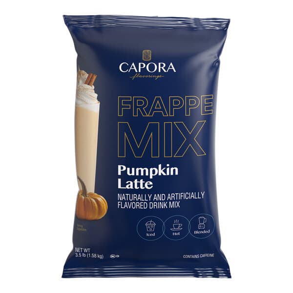A 3.5 lb. bag of Capora Pumpkin Latte Frappe Mix for making flavored drinks.
