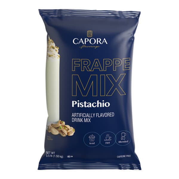 A 3.5 lb. bag of Capora Pistachio Frappe Mix, artificially flavored drink mix.